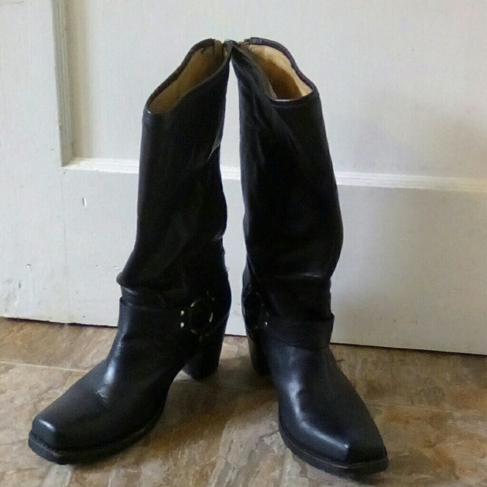 Frye Heath Heel Harness Black Boots